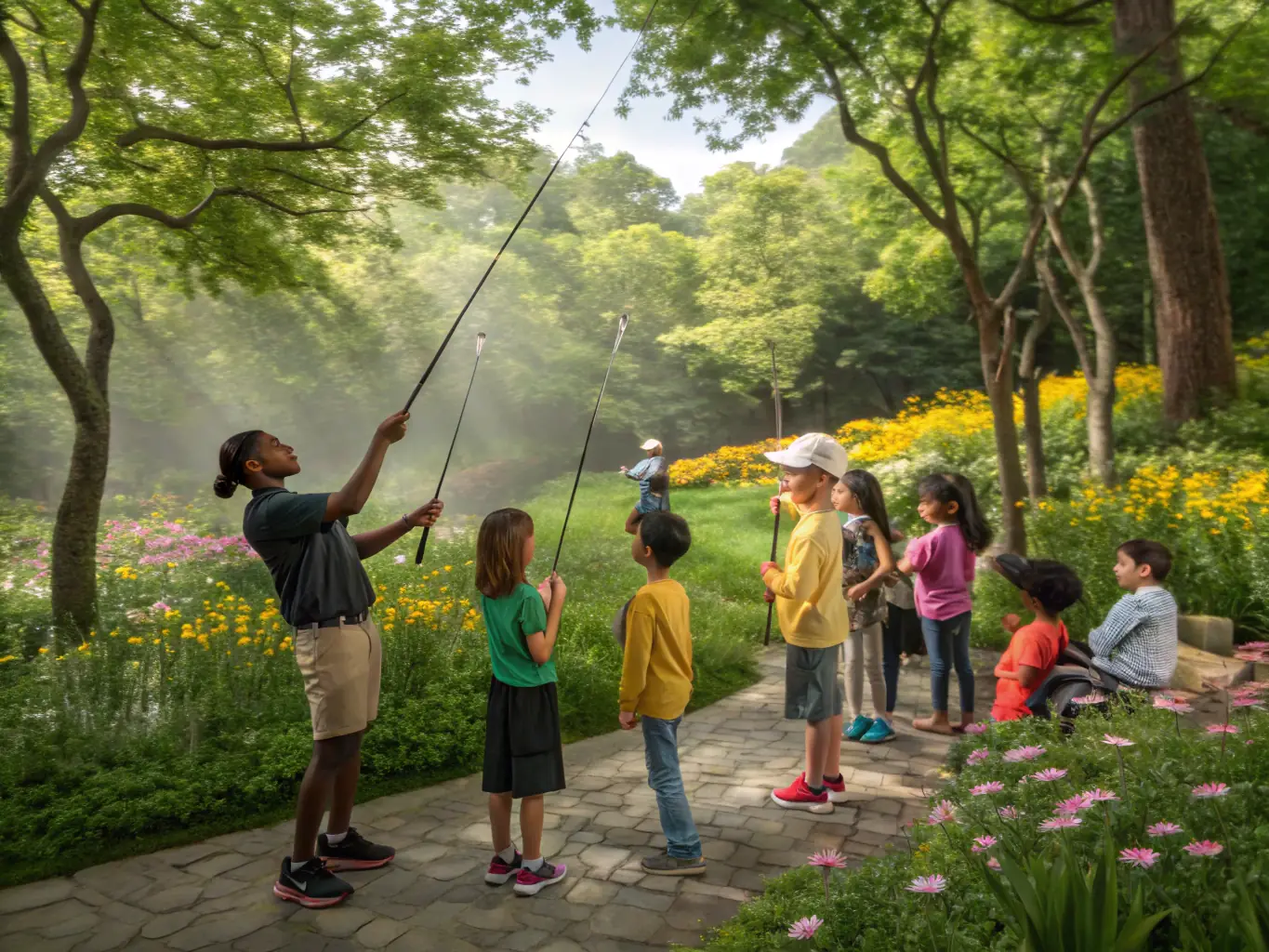 Image montrant des enfants et des adultes participant à un atelier d’initiation à la pêche, encadrés par des bénévoles de l’association, au bord d’un plan d’eau naturel.