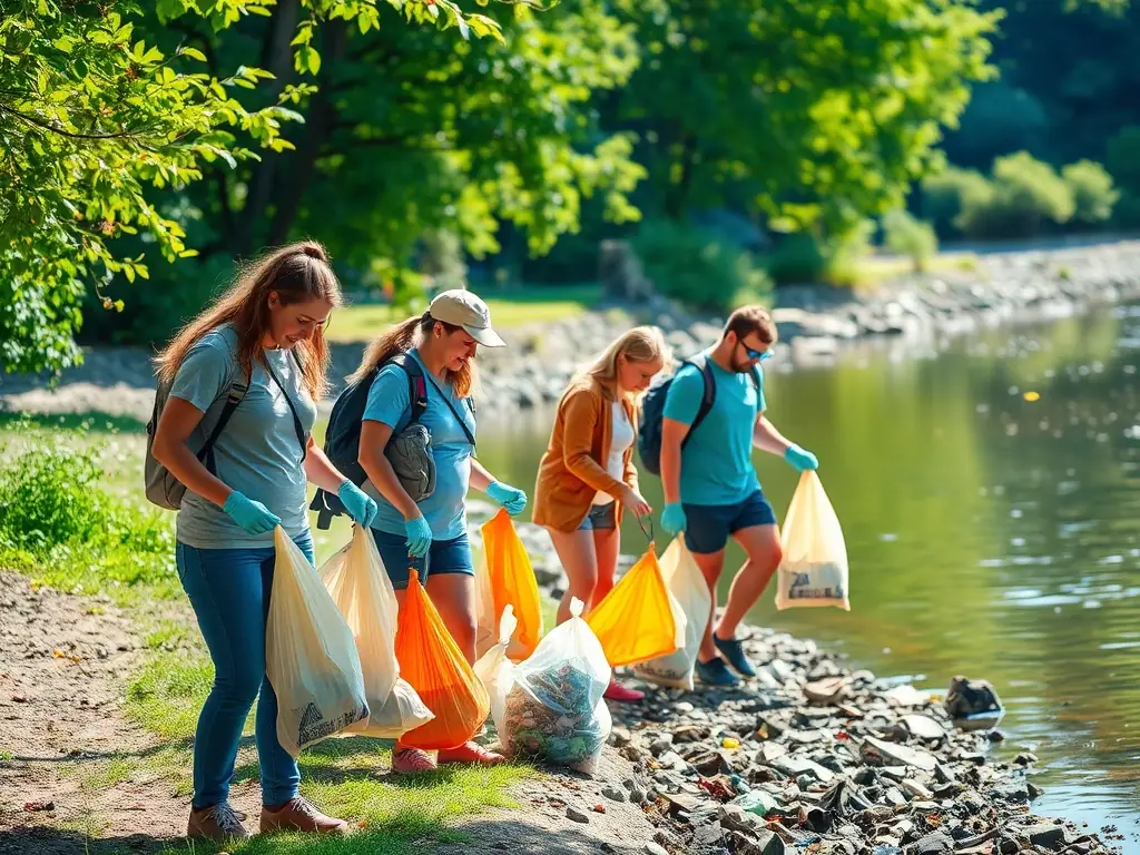 Photographie d’un groupe de bénévoles de l’association nettoyant les berges d’une rivière, ramassant des déchets et installant des panneaux éducatifs sur la faune aquatique locale.