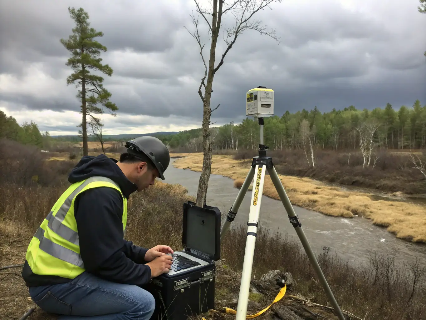 Photo d’un technicien de l’association effectuant un suivi scientifique sur la faune piscicole, utilisant des équipements de mesure au bord d’une rivière préservée.